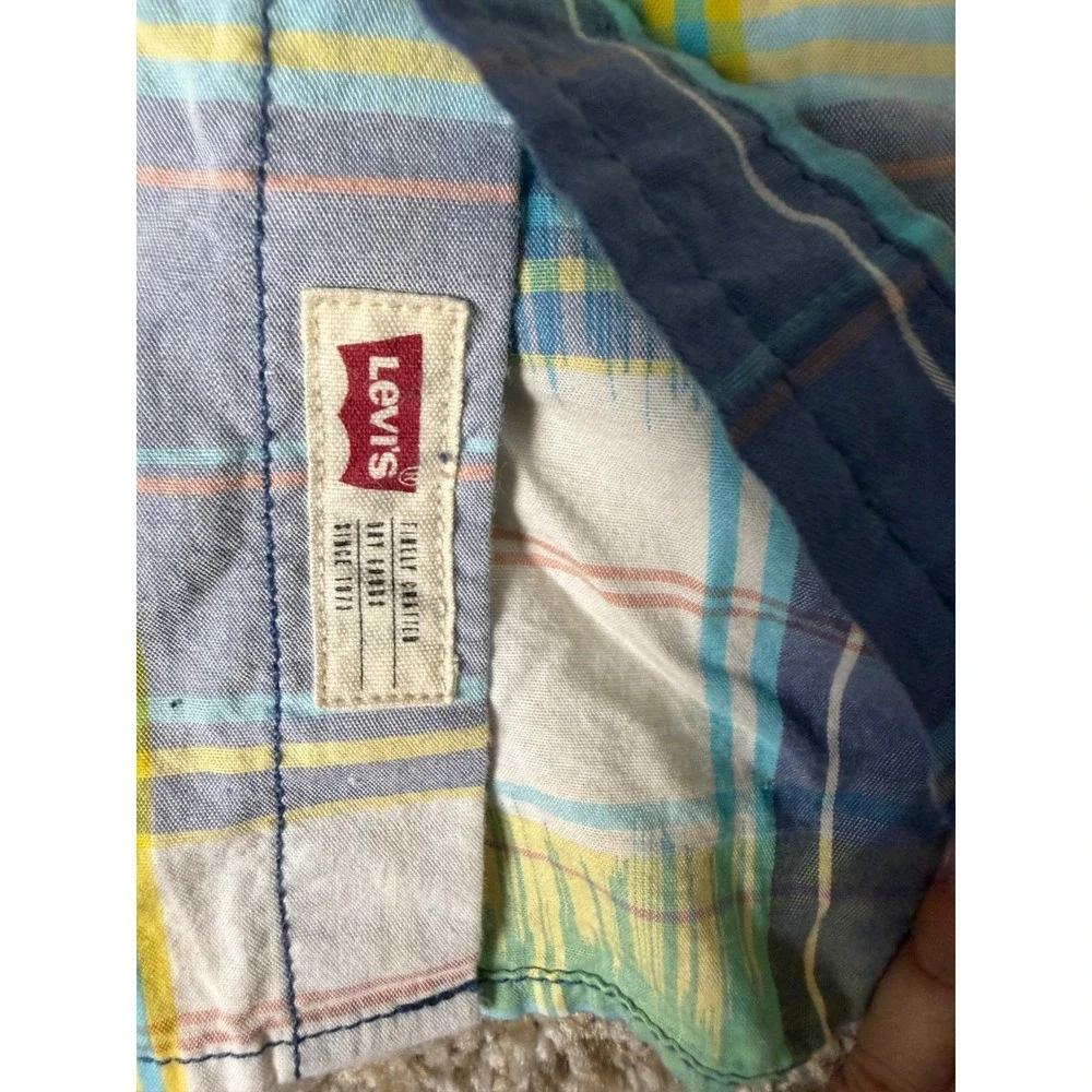Levis Mens XXL Short Sleeve Western Pearl Snap Plaid Shirt Blue Yellow